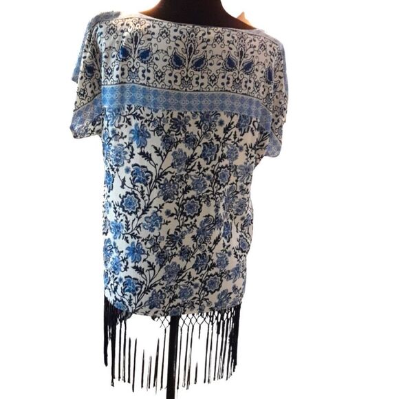 Artisan NY Top Bohemian Fringed Florals in Blue size M - Picture 2 of 4